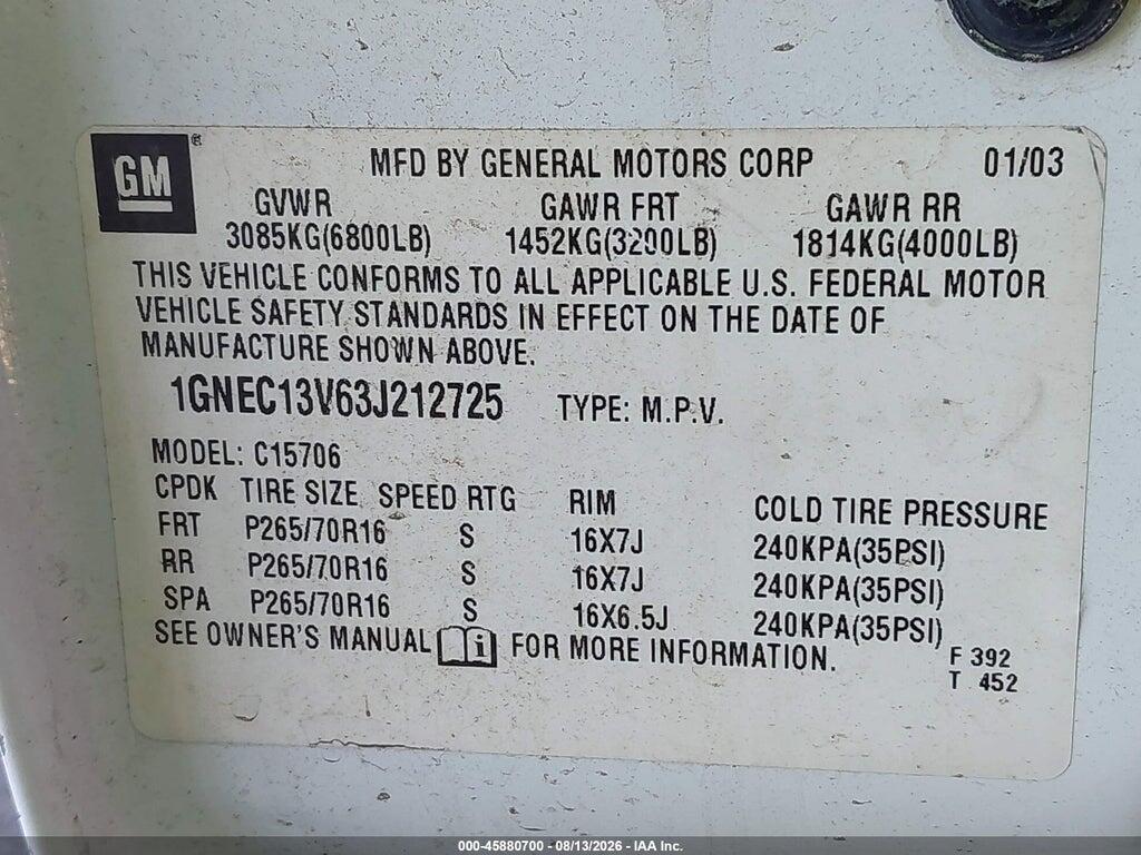 1GNEC13V63J212725 2003 CHEVROLET TAHOE photo no. 9