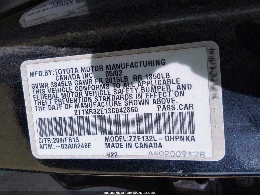 2T1KR32E13C042860 2003 TOYOTA MATRIX photo no. 9