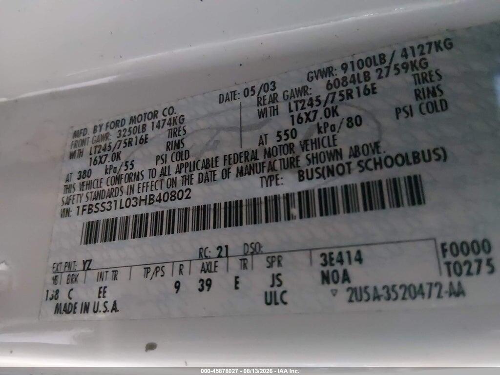 1FBSS31L03HB40802 2003 FORD E-350 SUPER DUTY photo no. 9
