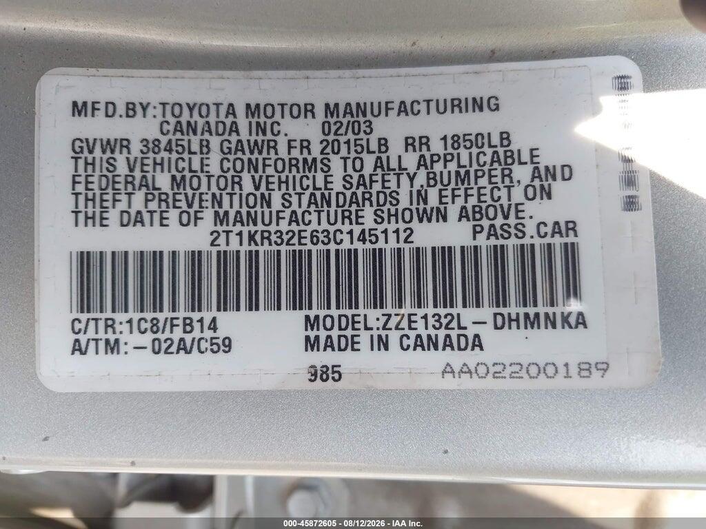 2T1KR32E63C145112 2003 TOYOTA MATRIX photo no. 9