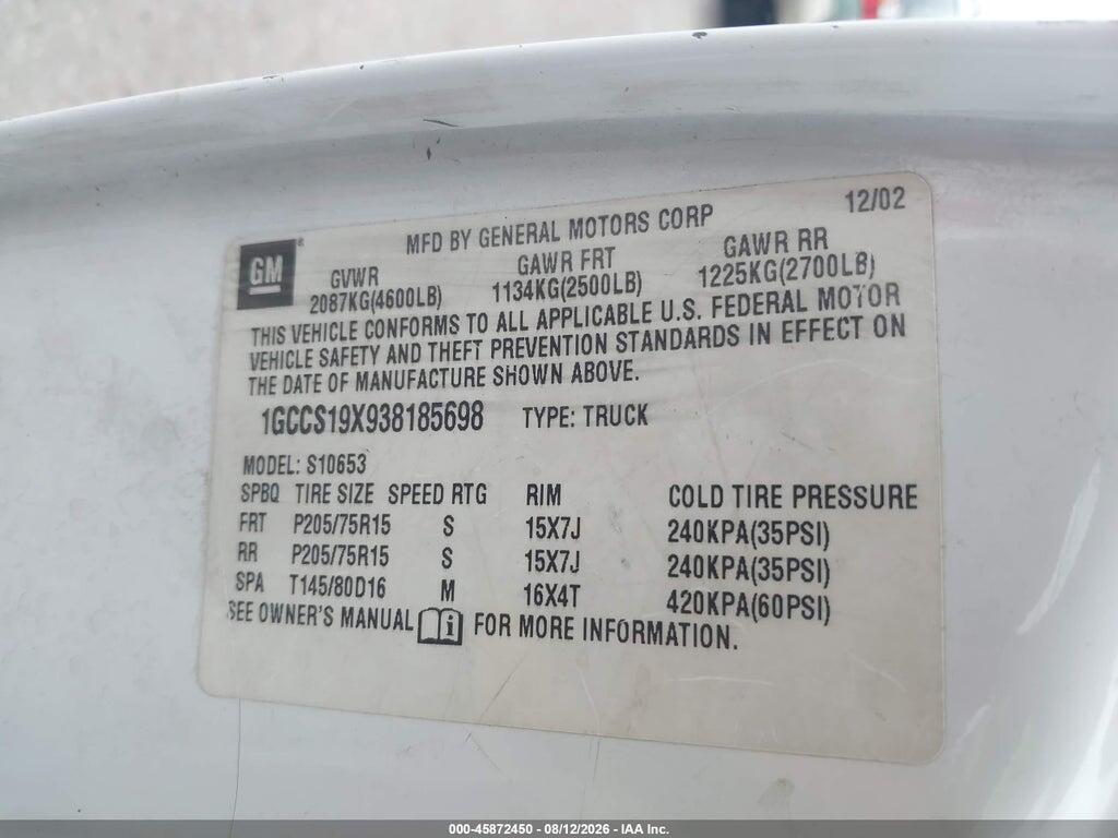 1GCCS19X938185698 2003 CHEVROLET S-10 photo no. 9