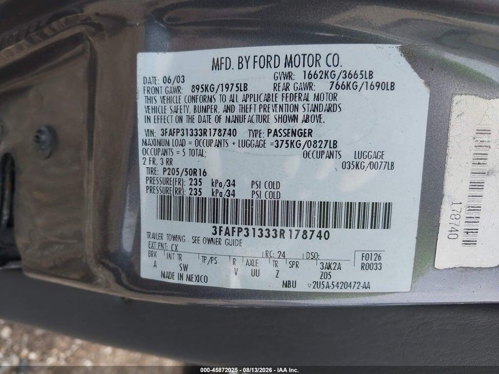 3FAFP31333R178740 2003 FORD FOCUS photo no. 9