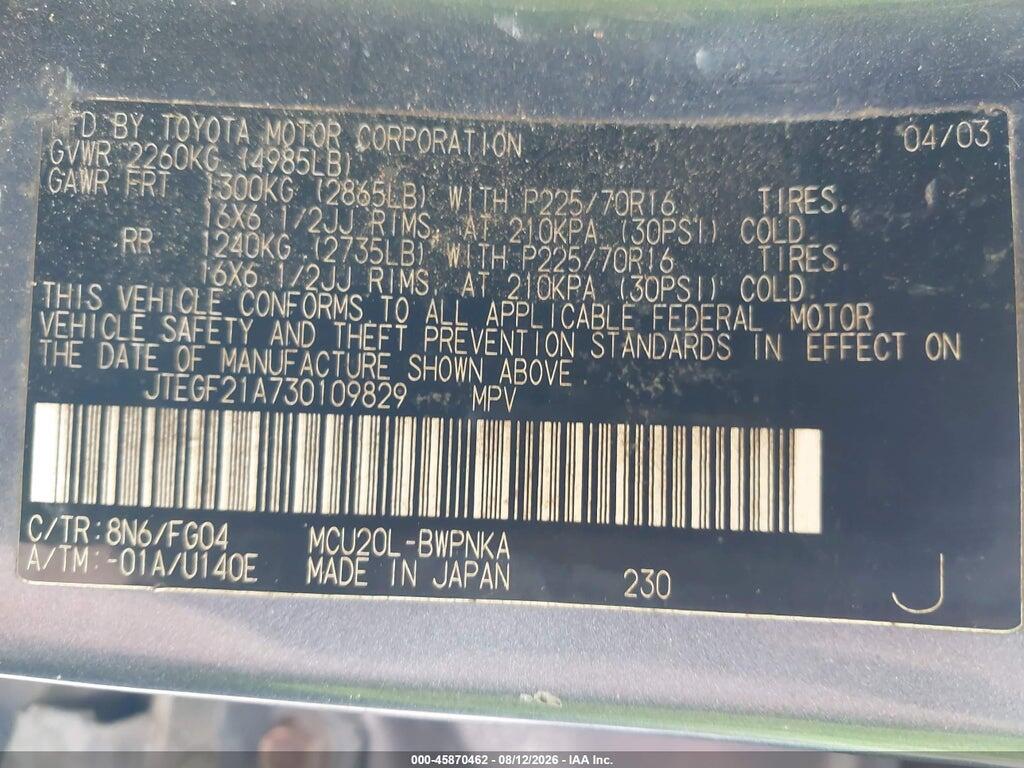 JTEGF21A730109829 2003 TOYOTA HIGHLANDER photo no. 9
