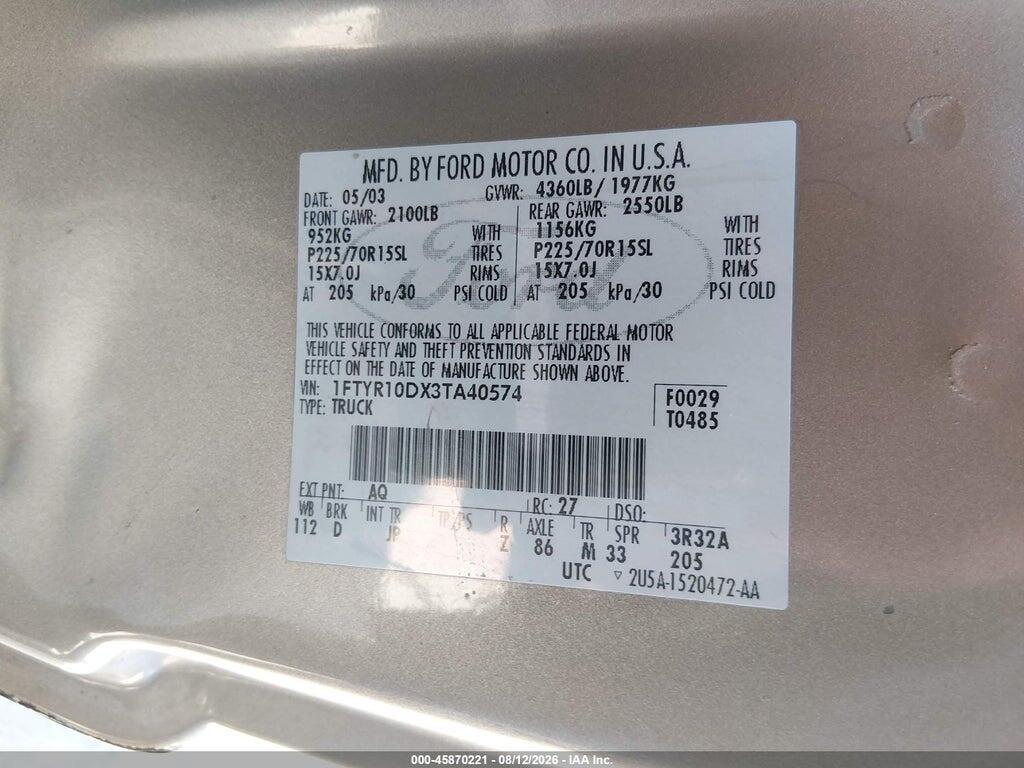 1FTYR10DX3TA40574 2003 FORD RANGER photo no. 9
