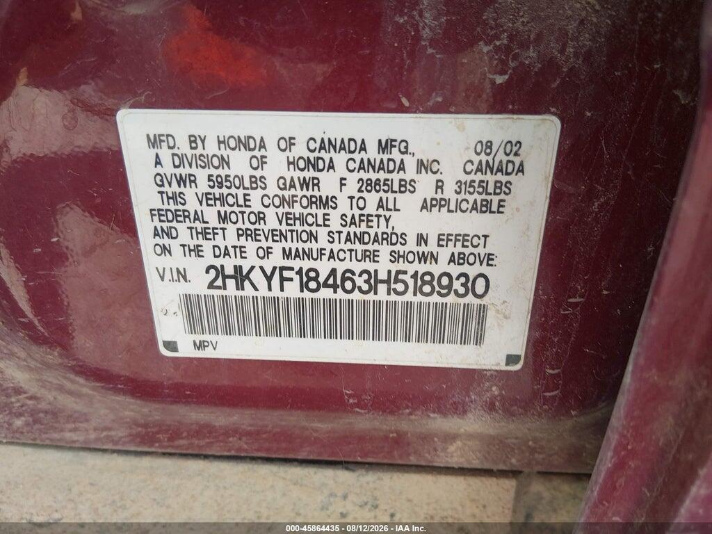 2HKYF18463H518930 2003 HONDA PILOT photo no. 9