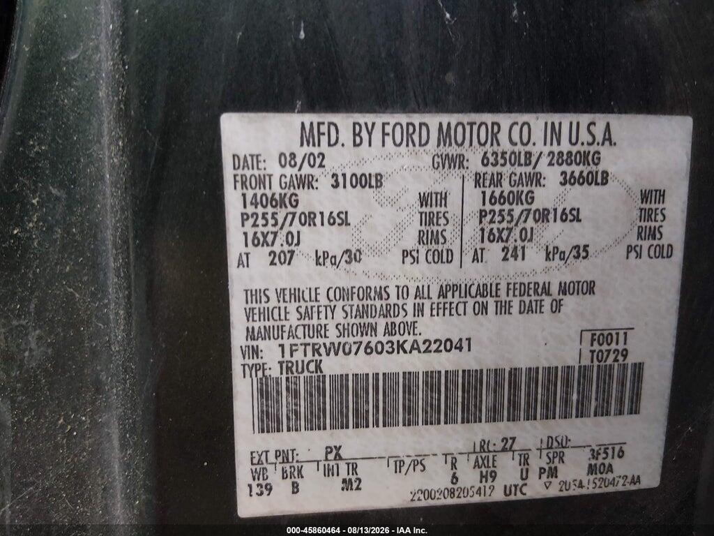 1FTRW07603KA22041 2003 FORD F-150 photo no. 9