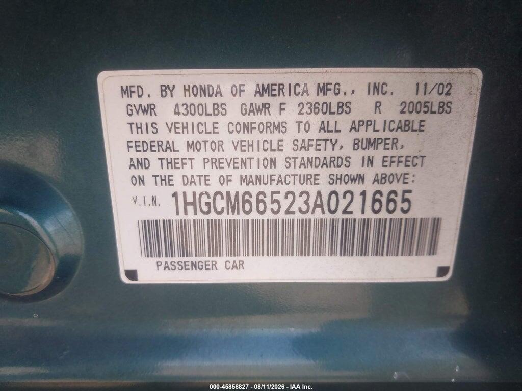 1HGCM66523A021665 2003 HONDA ACCORD photo no. 9