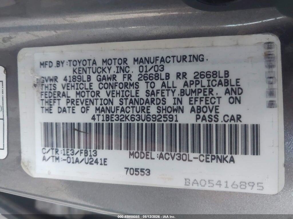 4T1BE32K63U692591 2003 TOYOTA CAMRY photo no. 9