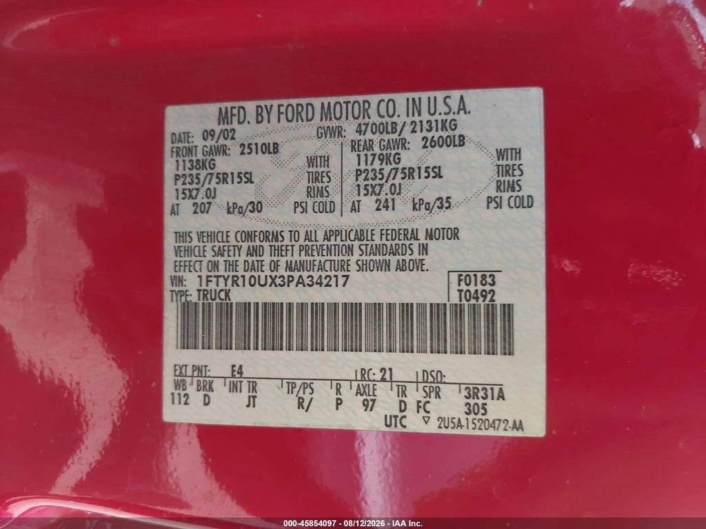 1FTYR10UX3PA34217 2003 FORD RANGER photo no. 9