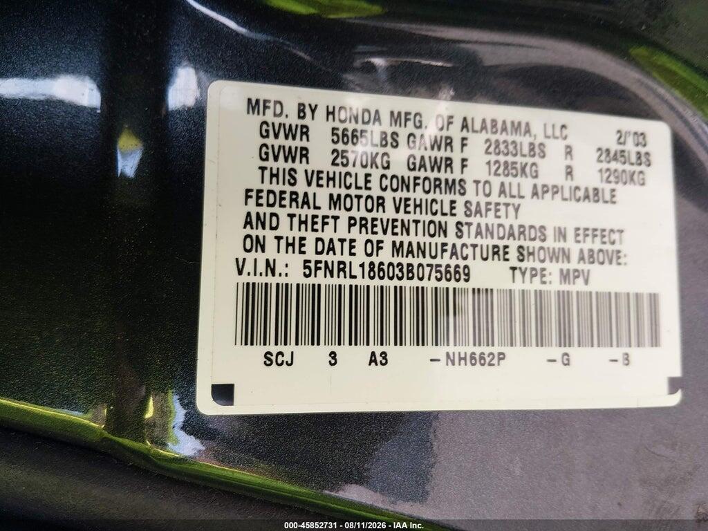 5FNRL18603B075669 2003 HONDA ODYSSEY photo no. 9