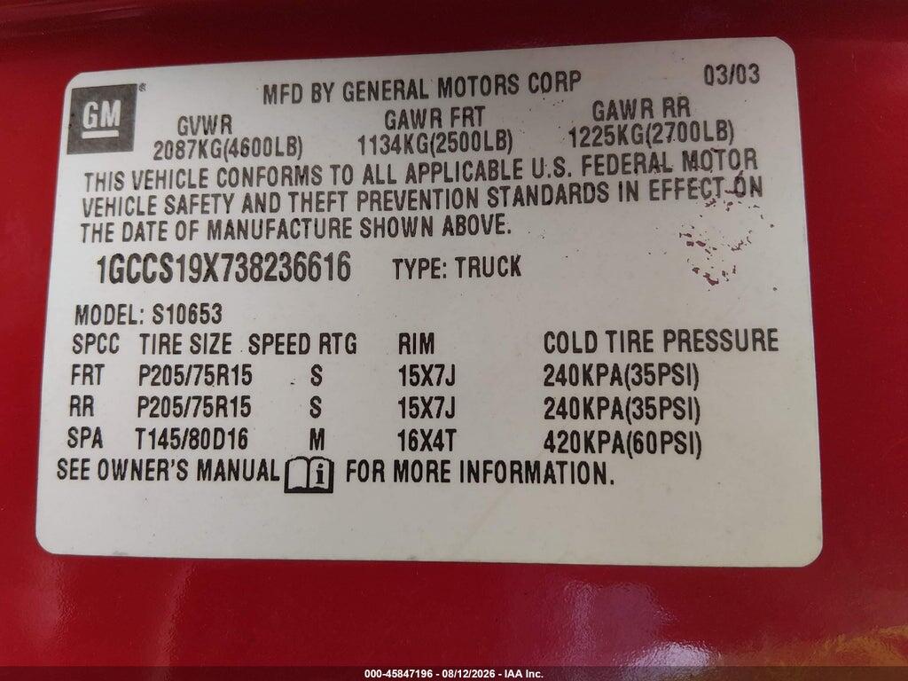 1GCCS19X738236616 2003 CHEVROLET S-10 photo no. 9