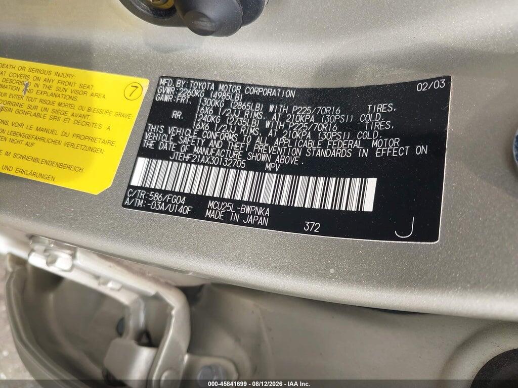 JTEHF21AX30132705 2003 TOYOTA HIGHLANDER photo no. 9