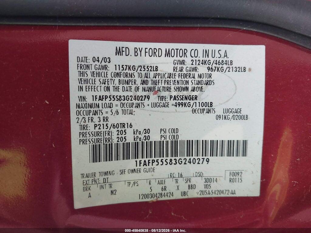 1FAFP55S83G240279 2003 FORD TAURUS photo no. 9