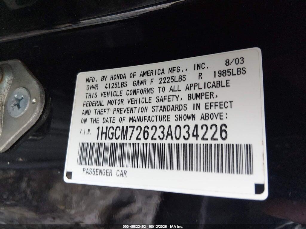 1HGCM72623A034226 2003 HONDA ACCORD photo no. 9