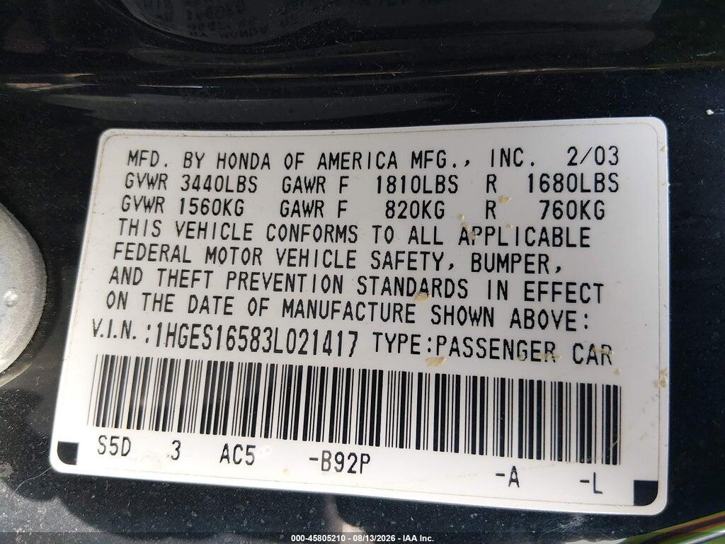 1HGES16583L021417 2003 HONDA CIVIC photo no. 9