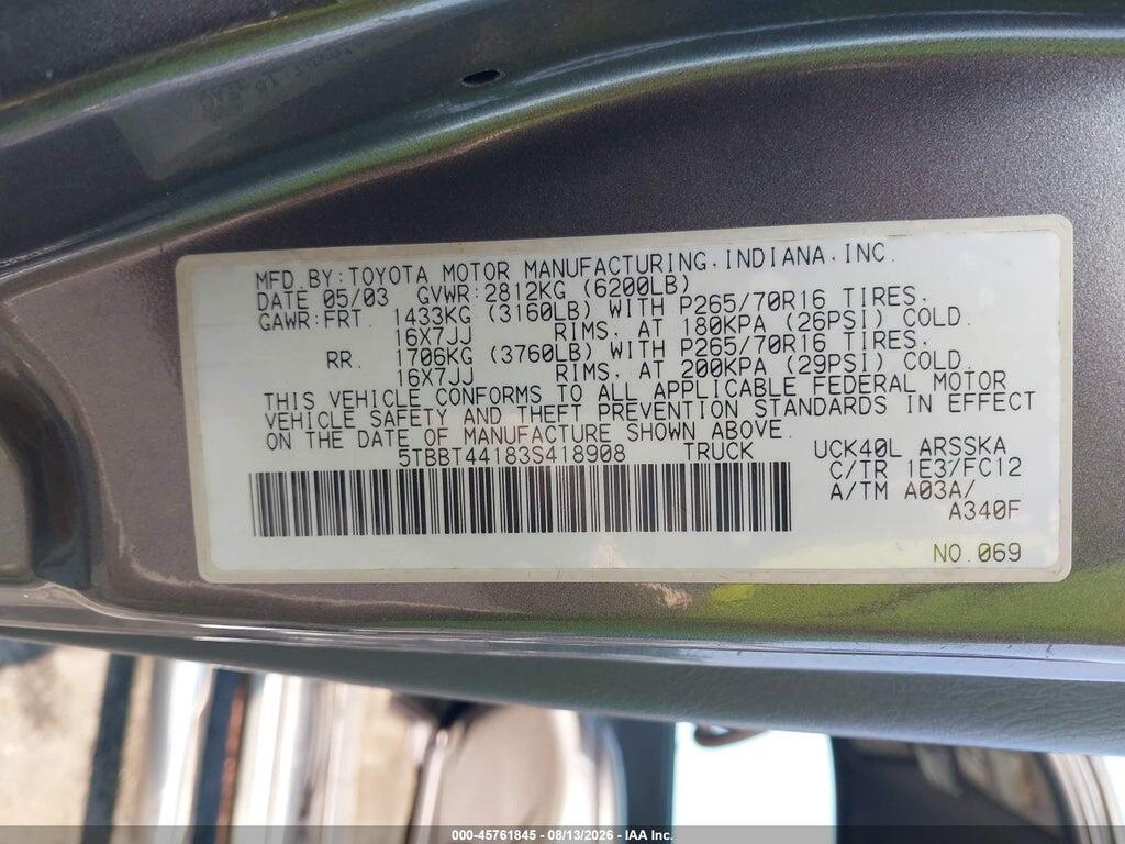 5TBBT44183S418908 2003 TOYOTA TUNDRA photo no. 9