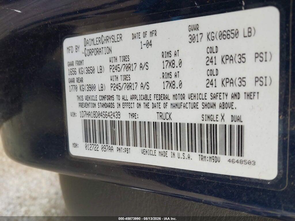 1D7HA18D04S642439 2004 DODGE RAM 1500 photo no. 9
