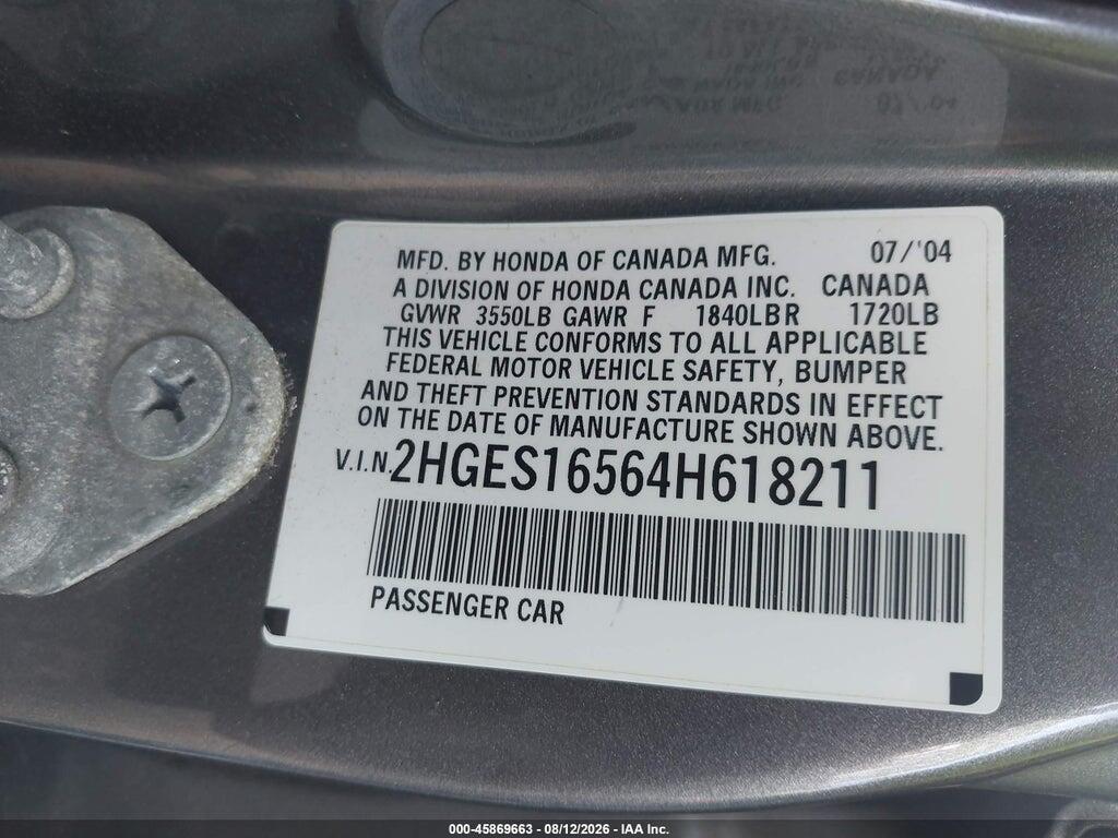 2HGES16564H618211 2004 HONDA CIVIC photo no. 9