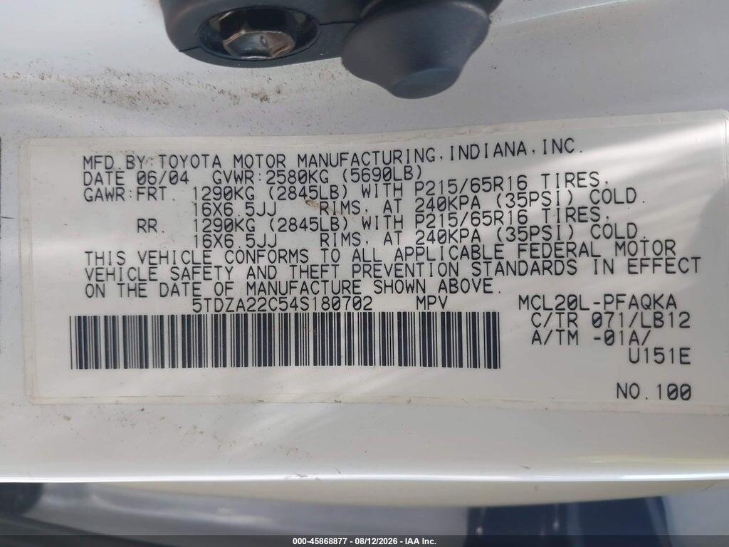 5TDZA22C54S180702 2004 TOYOTA SIENNA photo no. 9