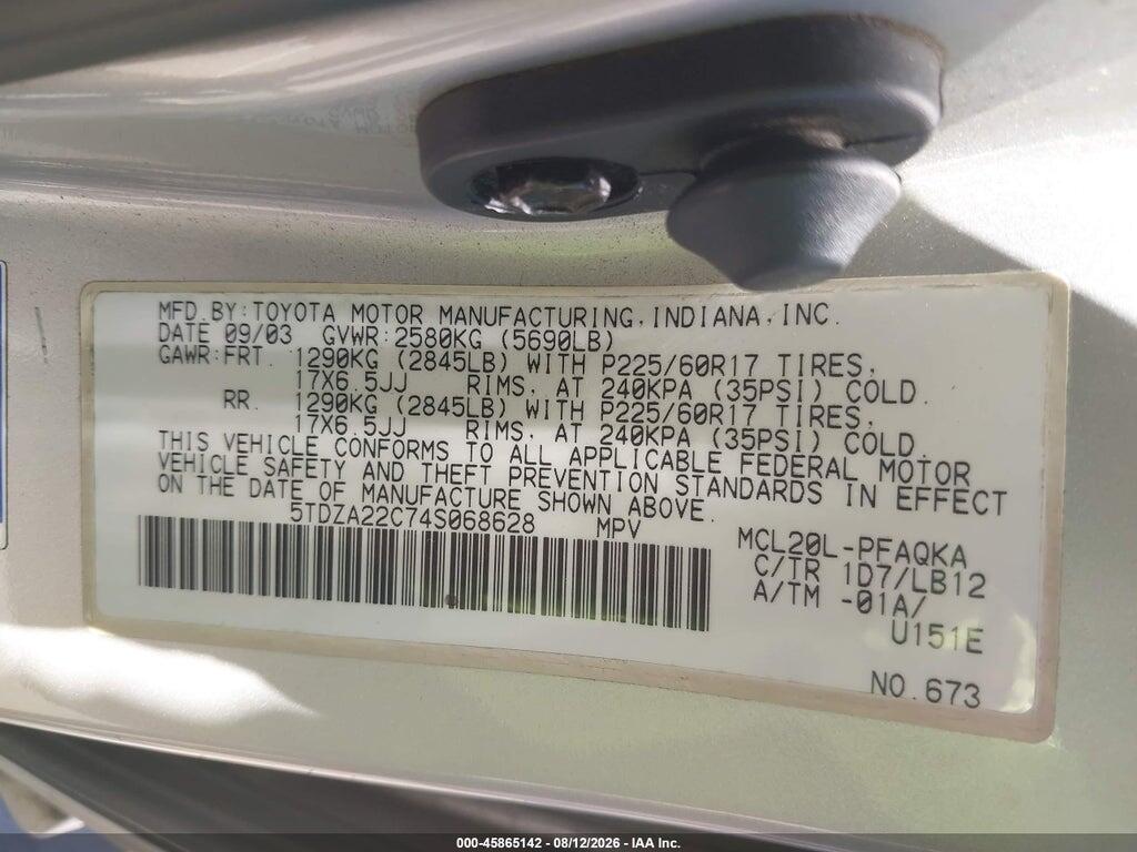 5TDZA22C74S068628 2004 TOYOTA SIENNA photo no. 9