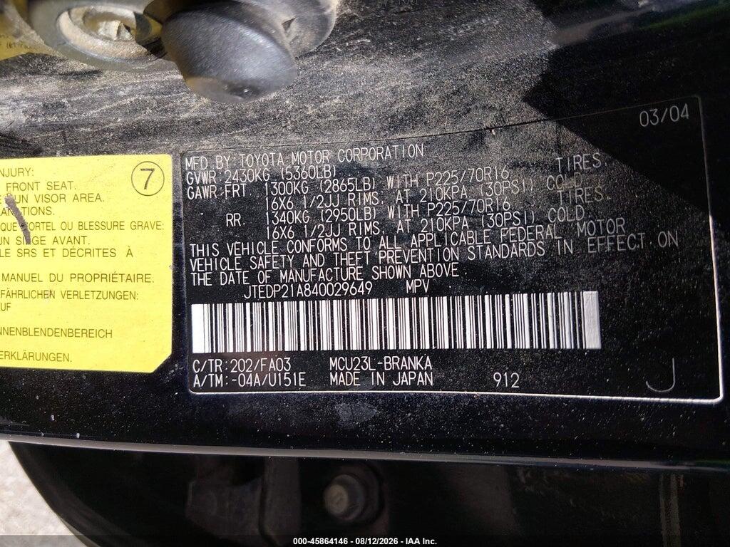 JTEDP21A840029649 2004 TOYOTA HIGHLANDER photo no. 9