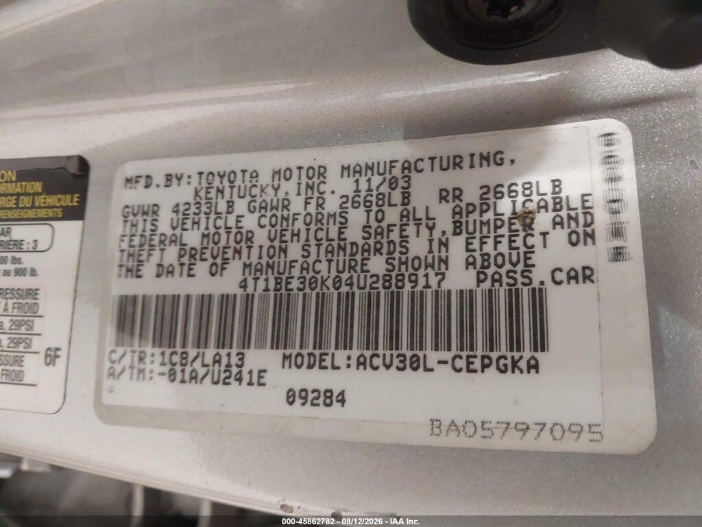 4T1BE30K04U288917 2004 TOYOTA CAMRY photo no. 9