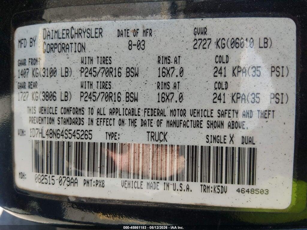 1D7HL48N64S545265 2004 DODGE DAKOTA photo no. 9