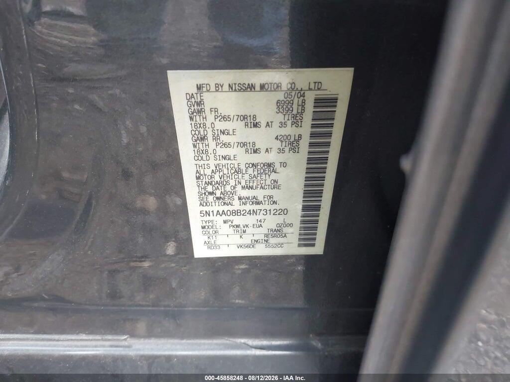 5N1AA08B24N731220 2004 NISSAN PATHFINDER ARMADA photo no. 9