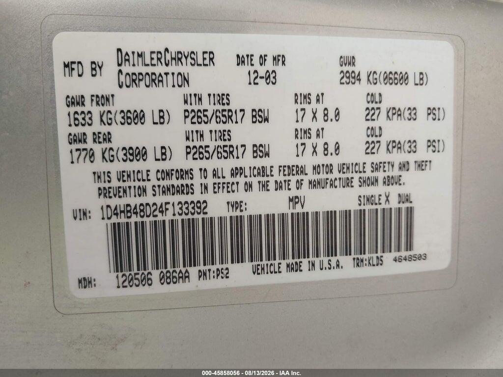 1D4HB48D24F133392 2004 DODGE DURANGO photo no. 9