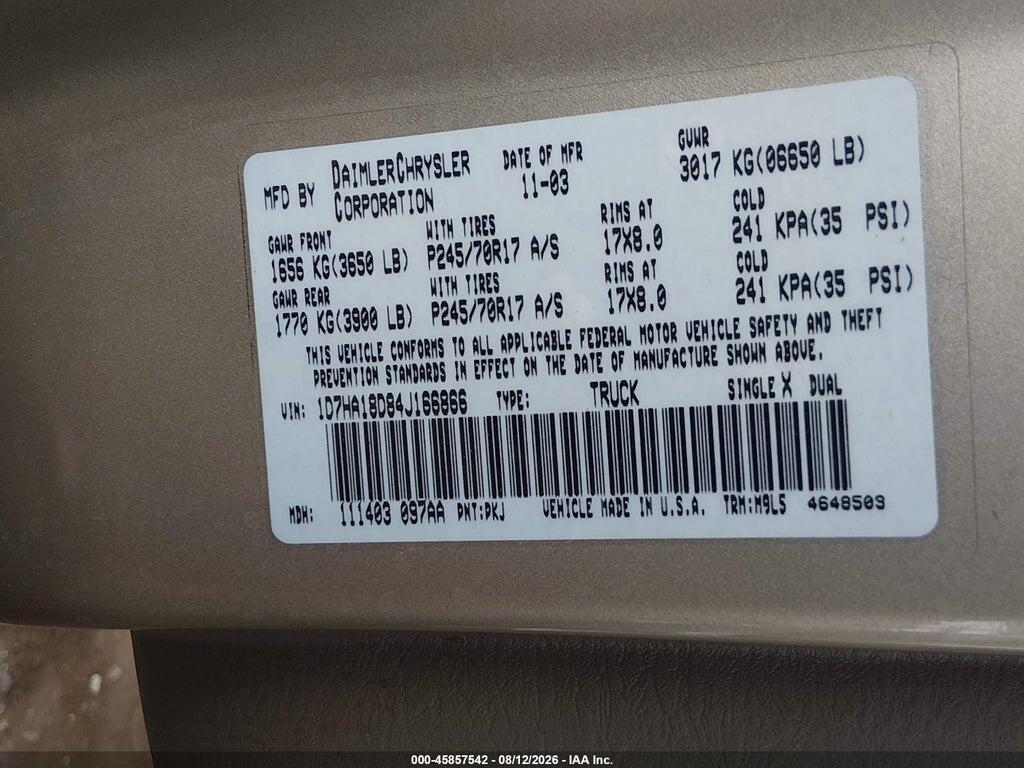 1D7HA18D84J166866 2004 DODGE RAM 1500 photo no. 9