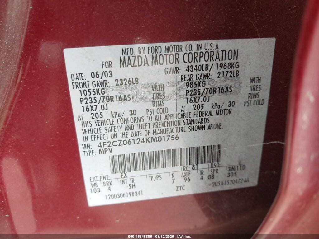 4F2CZ06124KM01756 2004 MAZDA TRIBUTE photo no. 9