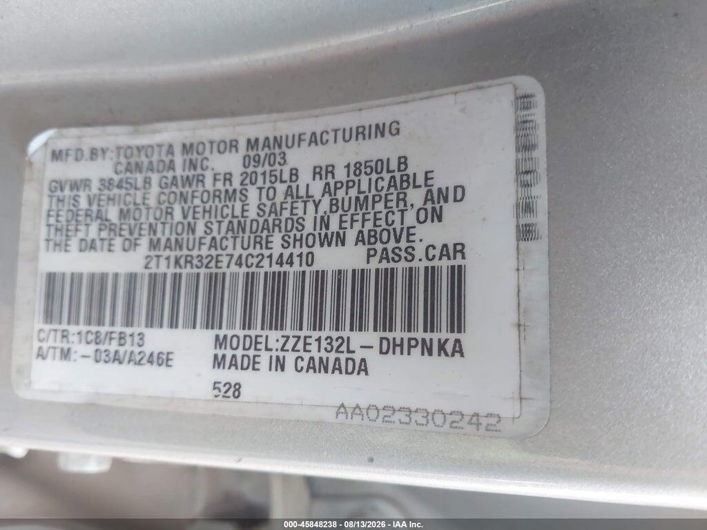 2T1KR32E74C214410 2004 TOYOTA MATRIX photo no. 9