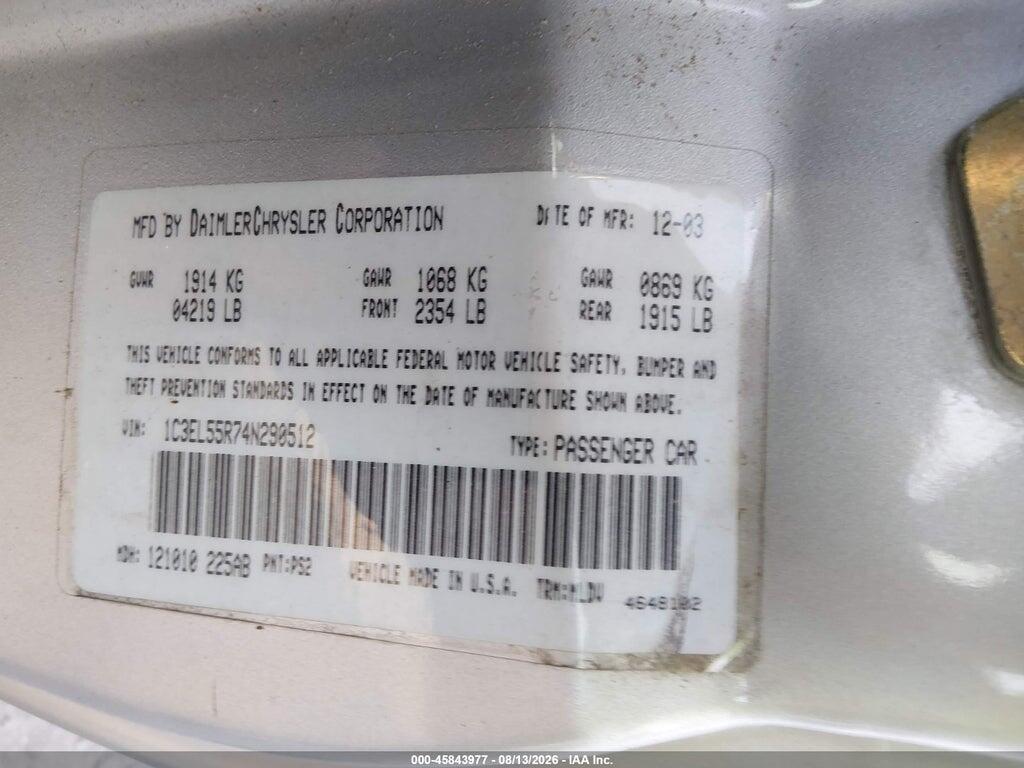 1C3EL55R74N290512 2004 CHRYSLER SEBRING photo no. 9
