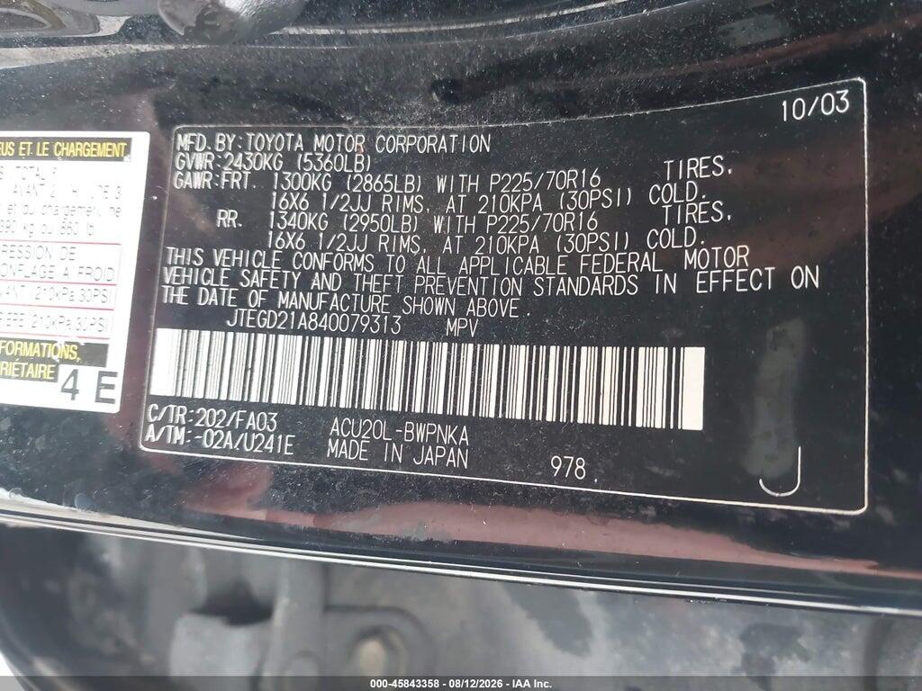 JTEGD21A840079313 2004 TOYOTA HIGHLANDER photo no. 9