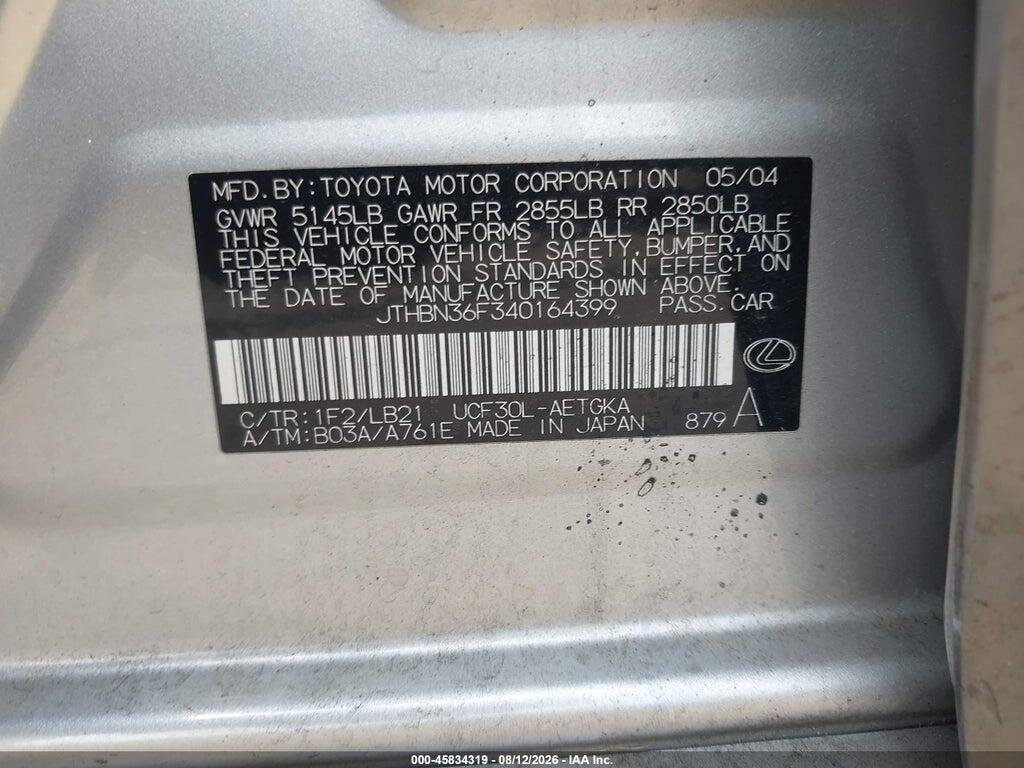 JTHBN36F340164399 2004 LEXUS LS 430 photo no. 9