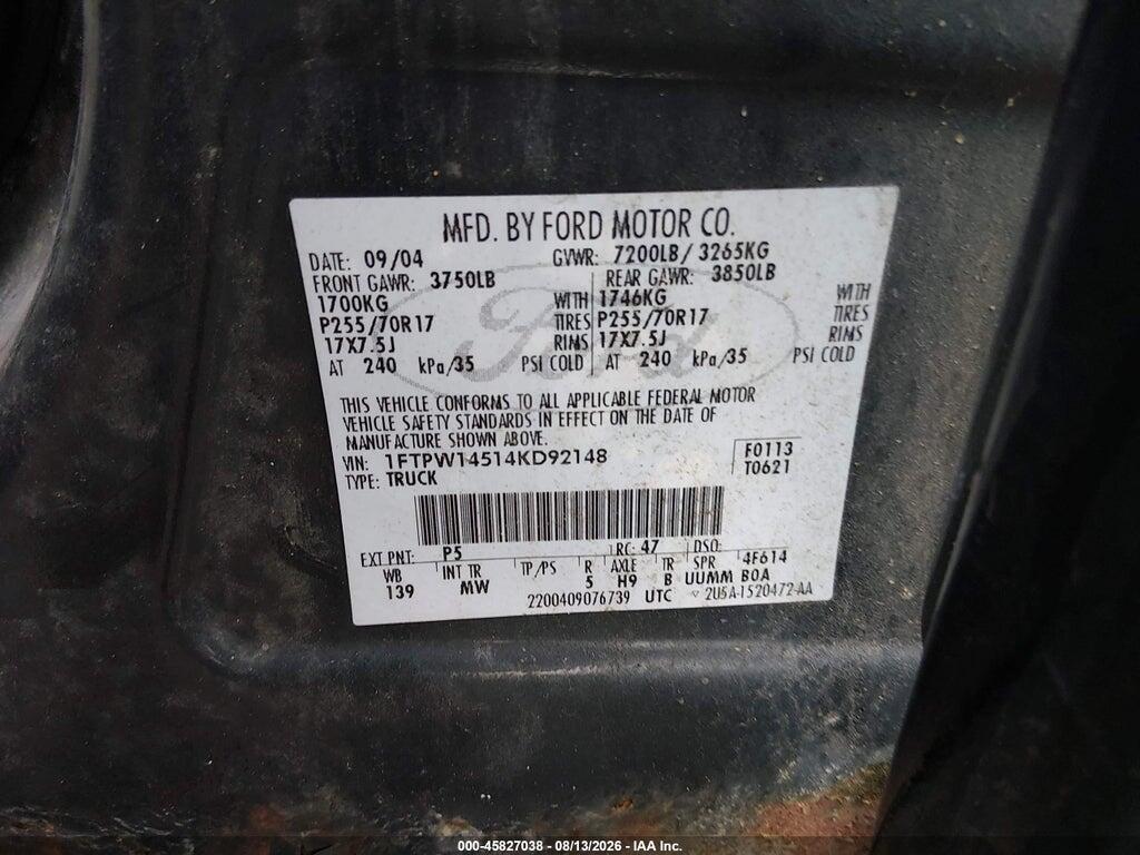1FTPW14514KD92148 2004 FORD F-150 photo no. 9