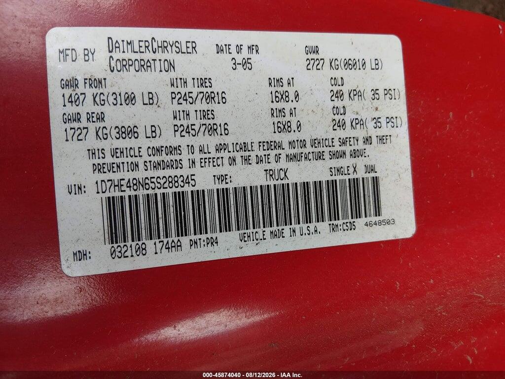 1D7HE48N65S288345 2005 DODGE DAKOTA photo no. 9