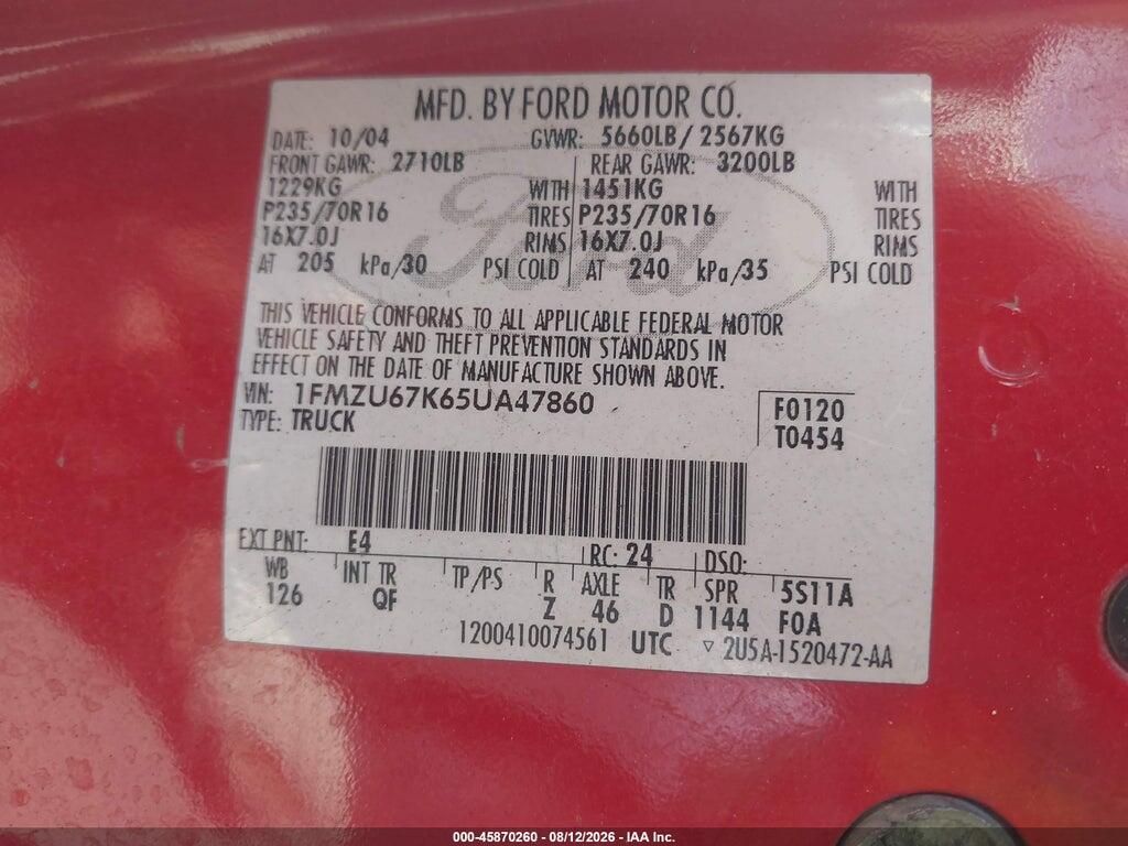 1FMZU67K65UA47860 2005 FORD EXPLORER SPORT TRAC photo no. 9