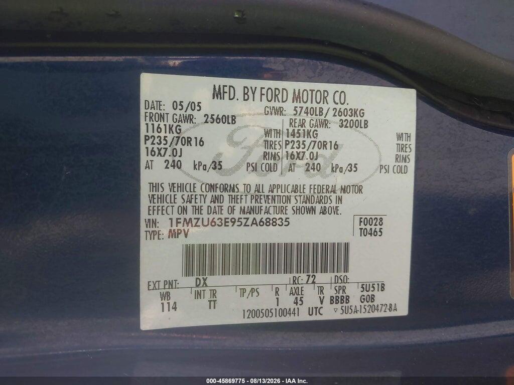 1FMZU63E95ZA68835 2005 FORD EXPLORER photo no. 9