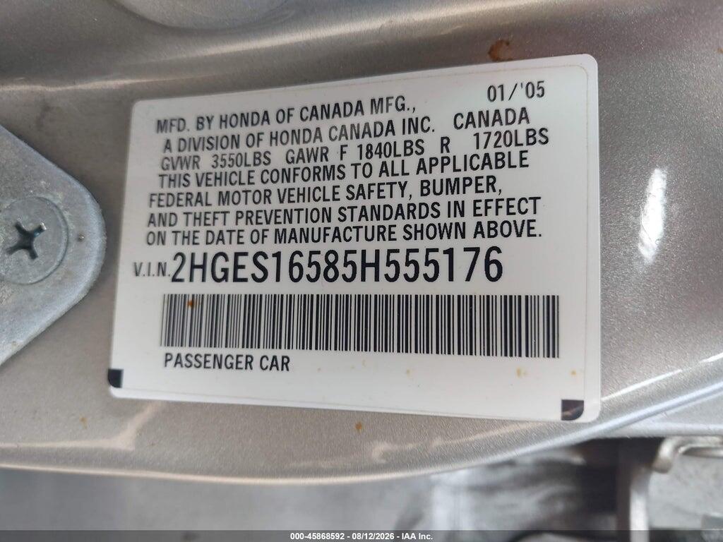 2HGES16585H555176 2005 HONDA CIVIC photo no. 9