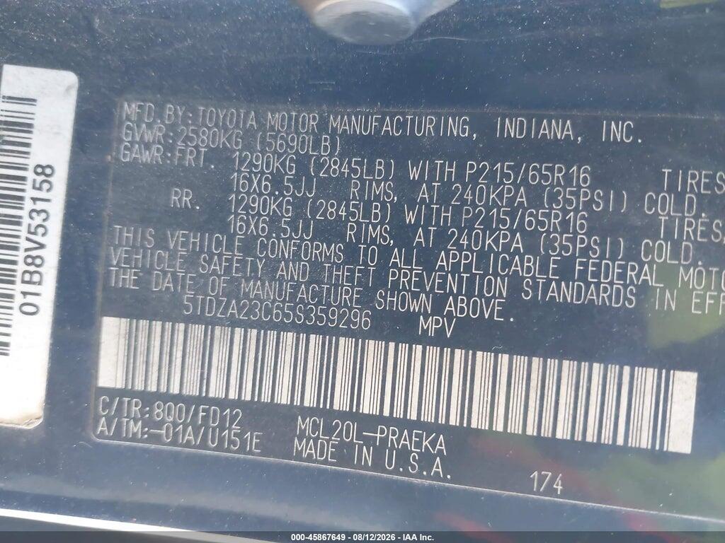 5TDZA23C65S359296 2005 TOYOTA SIENNA photo no. 9