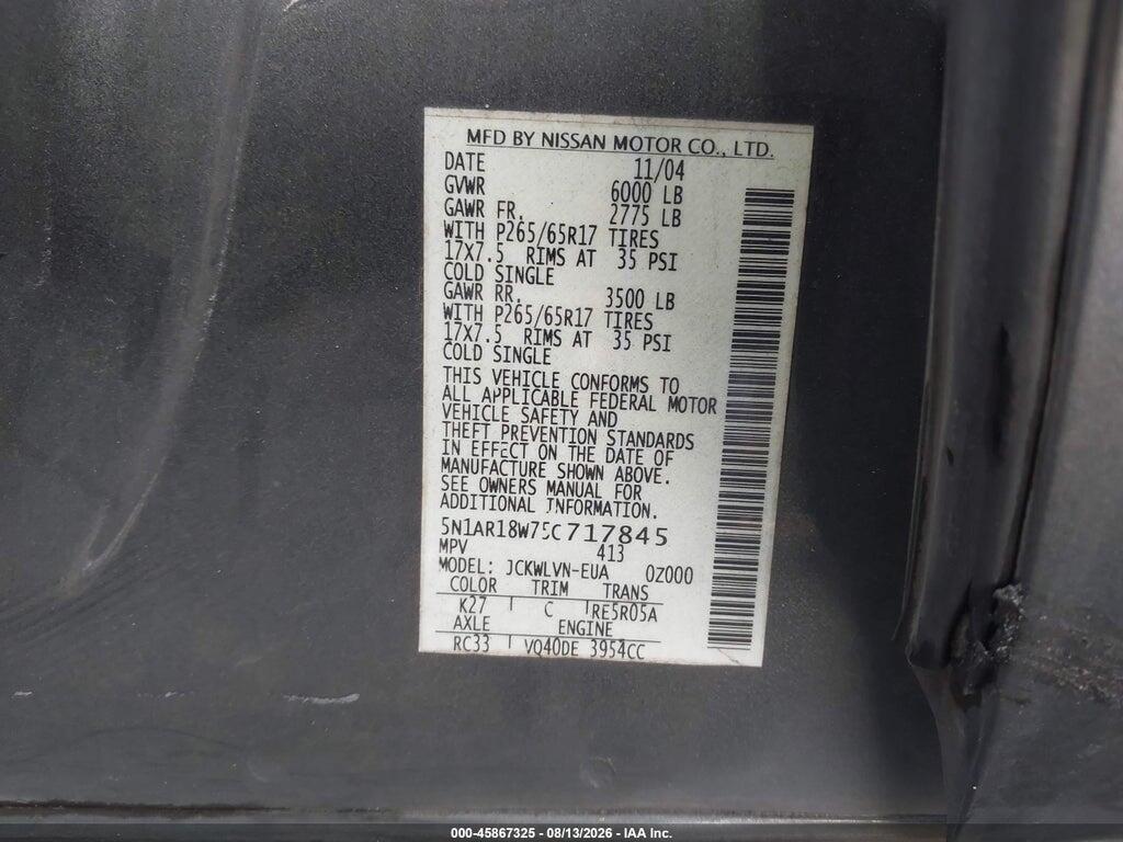 5N1AR18W75C717845 2005 NISSAN PATHFINDER photo no. 9