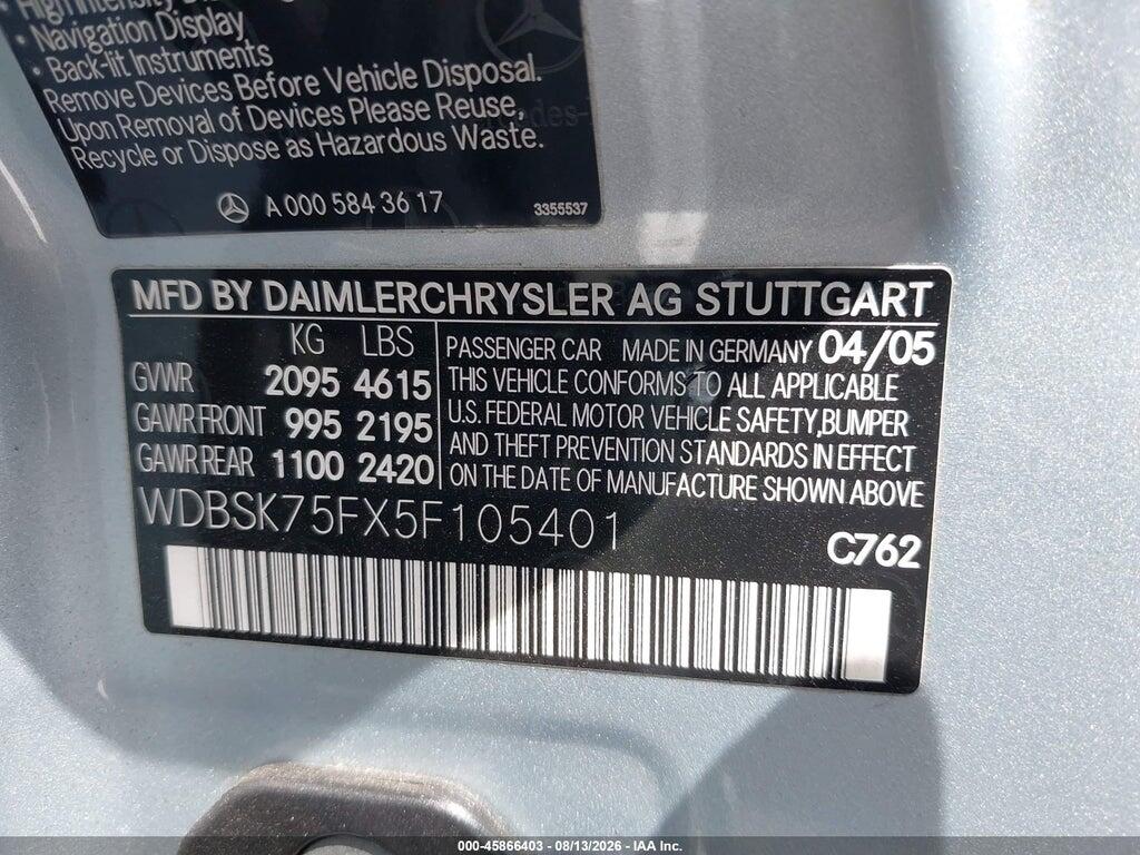 WDBSK75FX5F105401 2005 MERCEDES-BENZ SL 500 photo no. 9