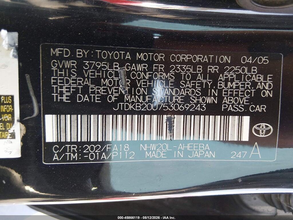 JTDKB20U753069243 2005 TOYOTA PRIUS photo no. 9