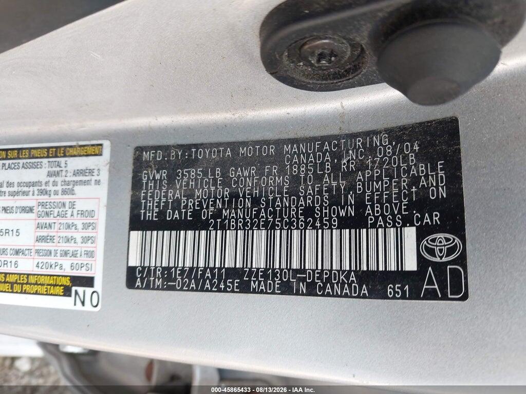 2T1BR32E75C362459 2005 TOYOTA COROLLA photo no. 9