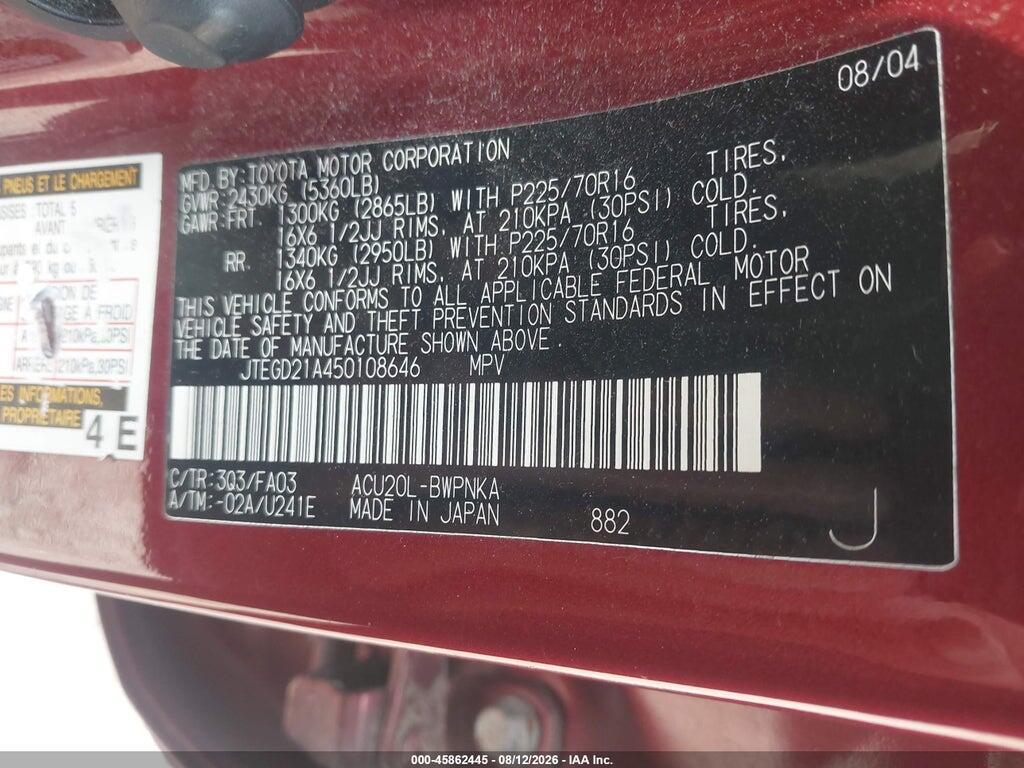 JTEGD21A450108646 2005 TOYOTA HIGHLANDER photo no. 9