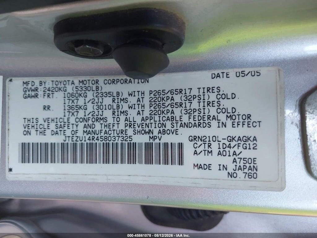 JTEZU14R458037325 2005 TOYOTA 4RUNNER photo no. 9