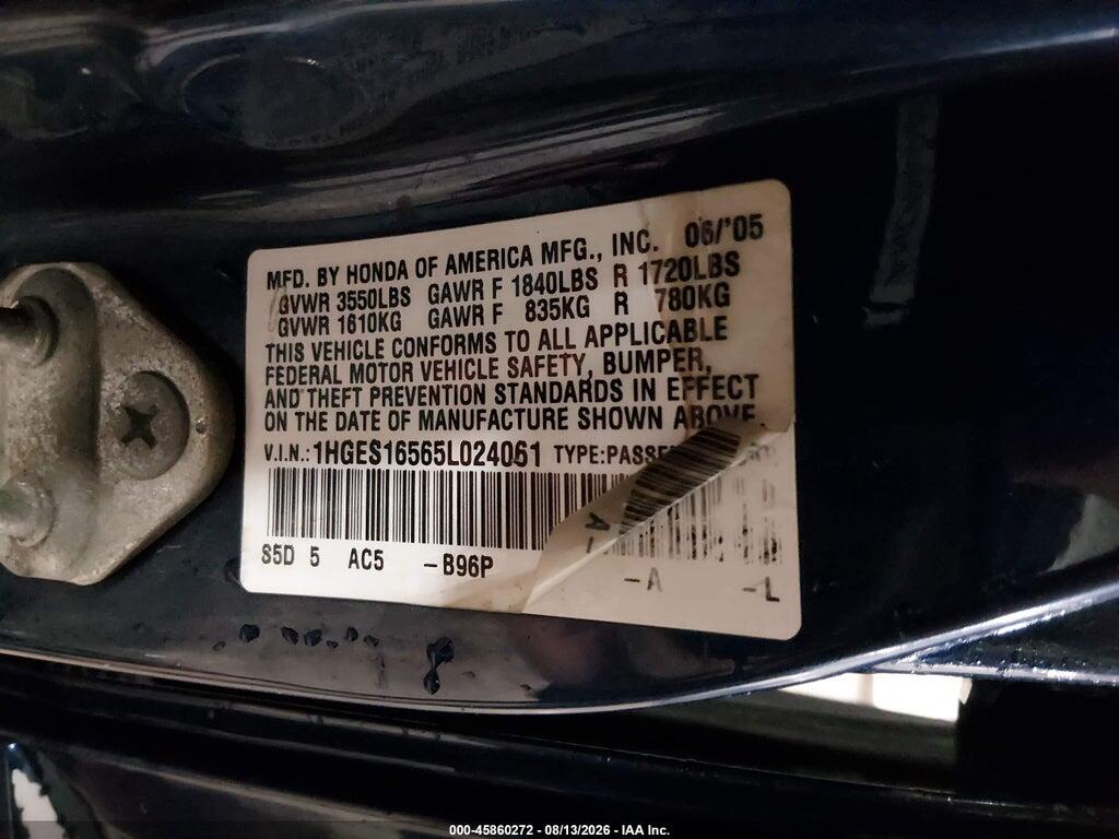 1HGES16565L024061 2005 HONDA CIVIC photo no. 9