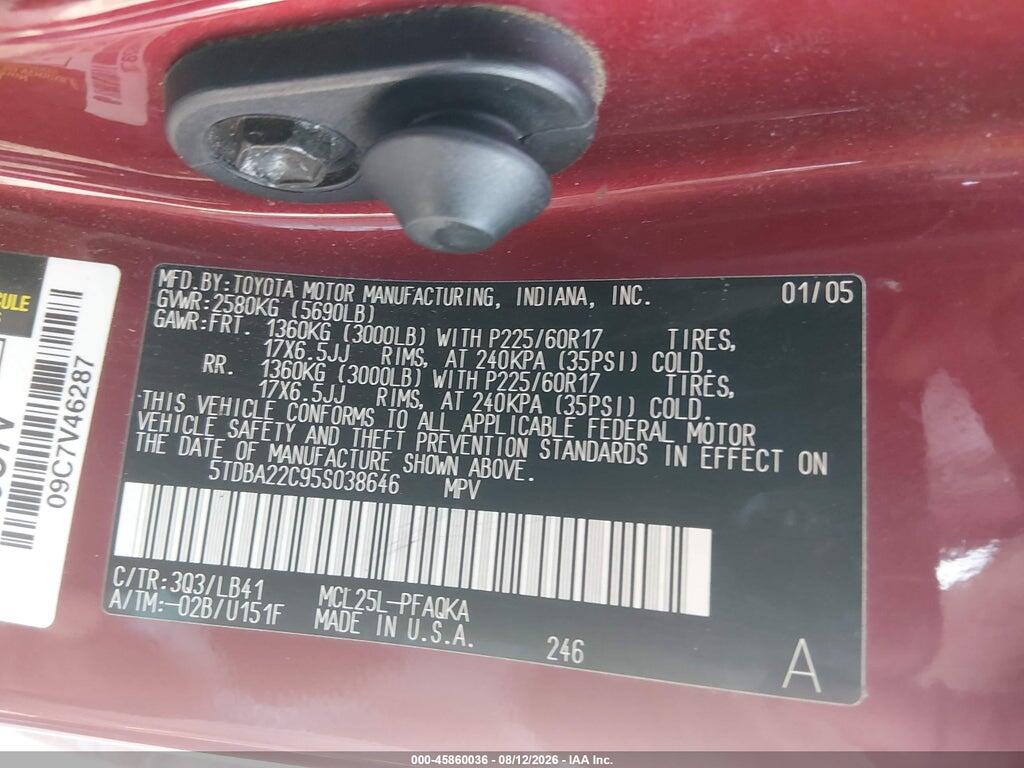 5TDBA22C95S038646 2005 TOYOTA SIENNA photo no. 9