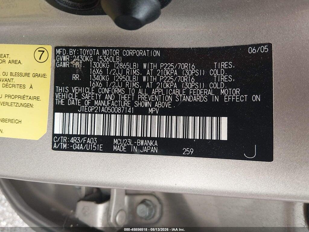 JTEGP21A050087141 2005 TOYOTA HIGHLANDER photo no. 9